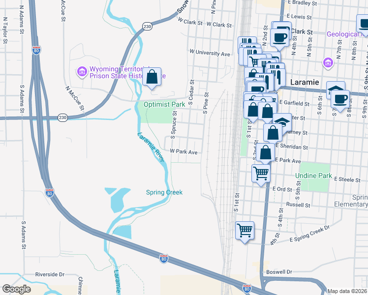 map of restaurants, bars, coffee shops, grocery stores, and more near 714 South Cedar Street in Laramie
