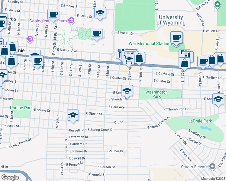 map of restaurants, bars, coffee shops, grocery stores, and more near 1515 East Kearney Street in Laramie