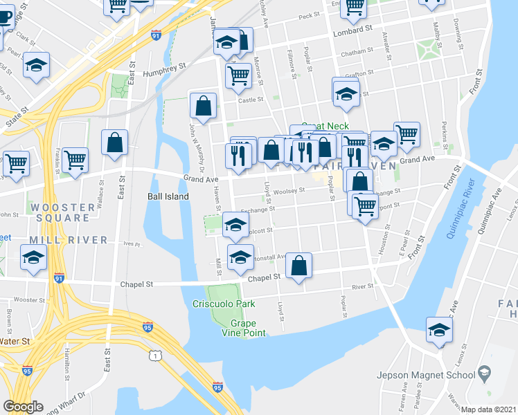 map of restaurants, bars, coffee shops, grocery stores, and more near 313 Exchange Street in New Haven