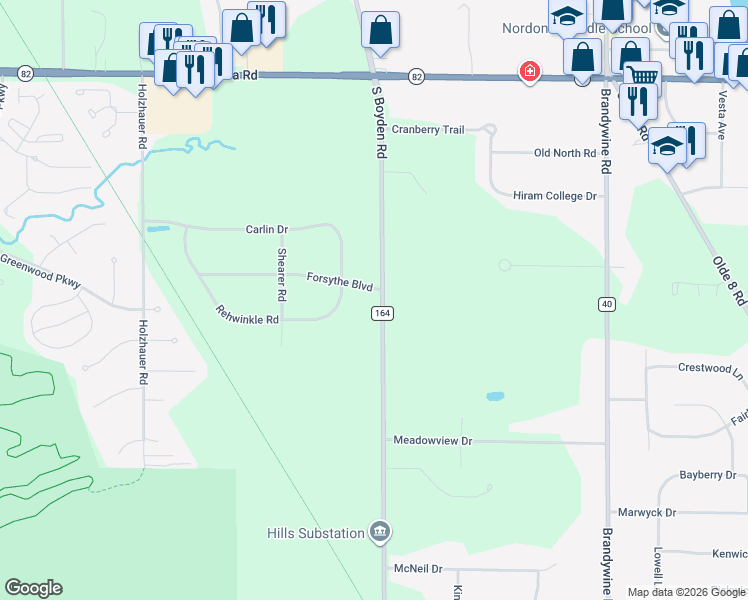 map of restaurants, bars, coffee shops, grocery stores, and more near 7530 South Boyden Road in Northfield