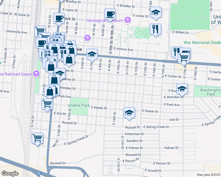 map of restaurants, bars, coffee shops, grocery stores, and more near 620 South 10th Street in Laramie