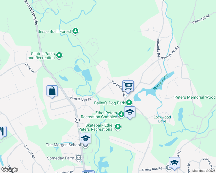 map of restaurants, bars, coffee shops, grocery stores, and more near 32 Hurd Bridge Road in Clinton