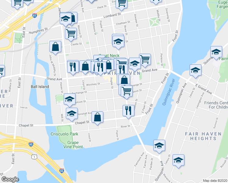 map of restaurants, bars, coffee shops, grocery stores, and more near 188 Poplar Street in New Haven