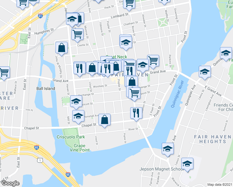 map of restaurants, bars, coffee shops, grocery stores, and more near 188 Poplar Street in New Haven