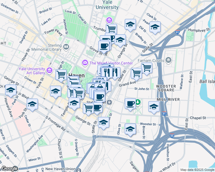 map of restaurants, bars, coffee shops, grocery stores, and more near 32 Elm Street in New Haven