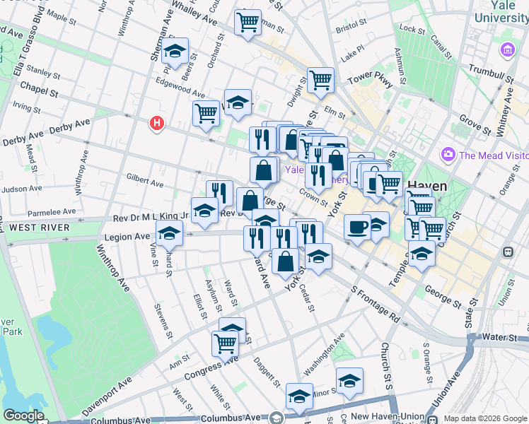 map of restaurants, bars, coffee shops, grocery stores, and more near in New Haven