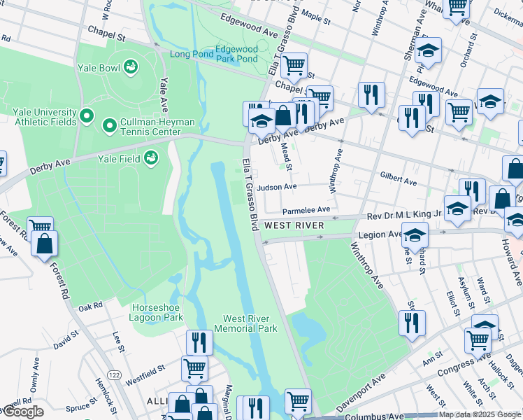 map of restaurants, bars, coffee shops, grocery stores, and more near in New Haven