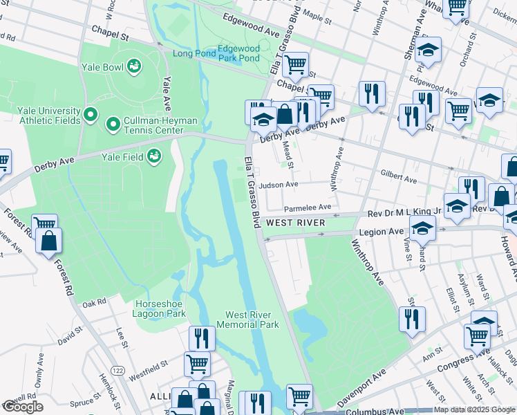 map of restaurants, bars, coffee shops, grocery stores, and more near in New Haven