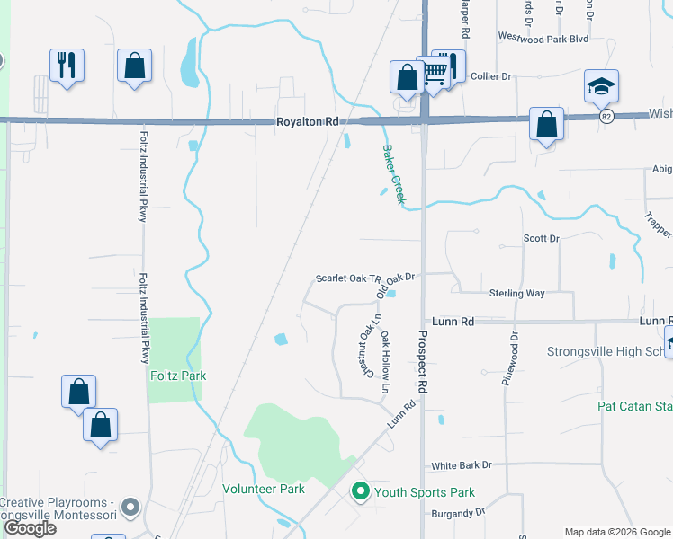 map of restaurants, bars, coffee shops, grocery stores, and more near 15104 Scarlet Oak TR in Strongsville