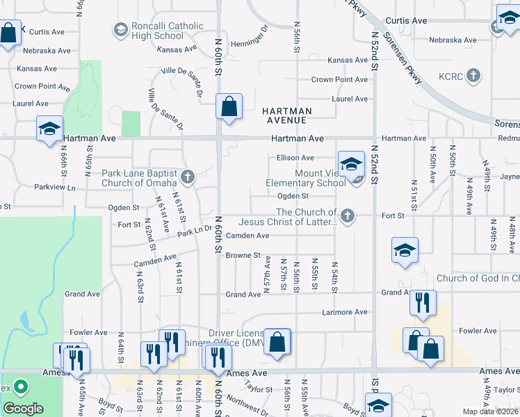map of restaurants, bars, coffee shops, grocery stores, and more near 5714 Fort Street in Omaha