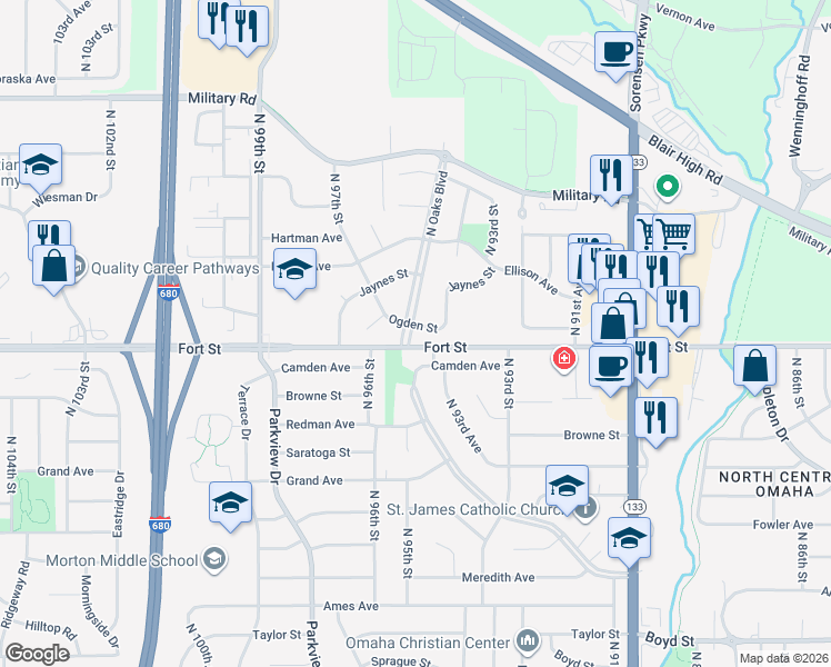 map of restaurants, bars, coffee shops, grocery stores, and more near 5312 North Oaks Boulevard in Omaha