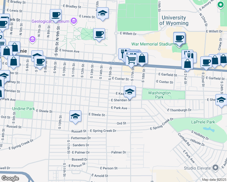 map of restaurants, bars, coffee shops, grocery stores, and more near 1515 East Kearney Street in Laramie