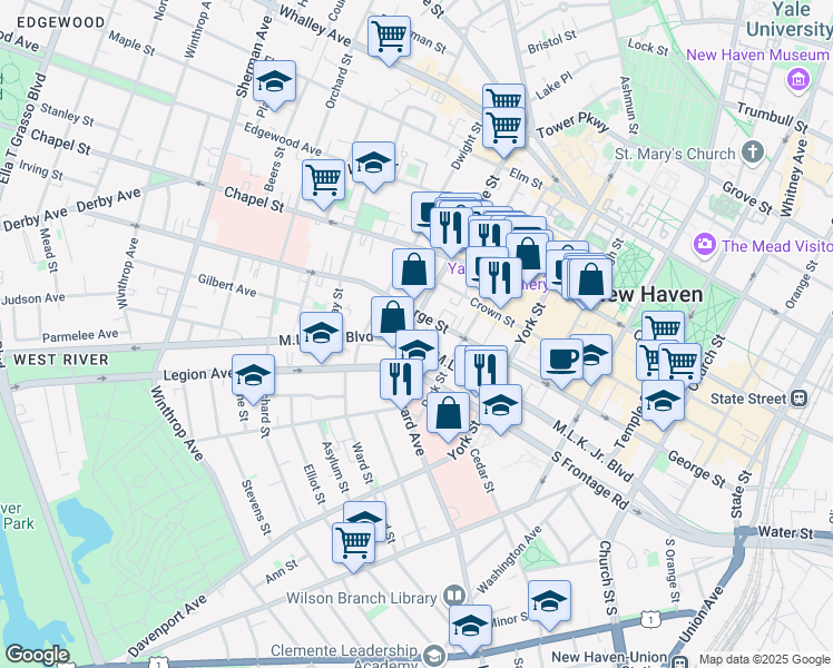 map of restaurants, bars, coffee shops, grocery stores, and more near 19 Howe Street in New Haven