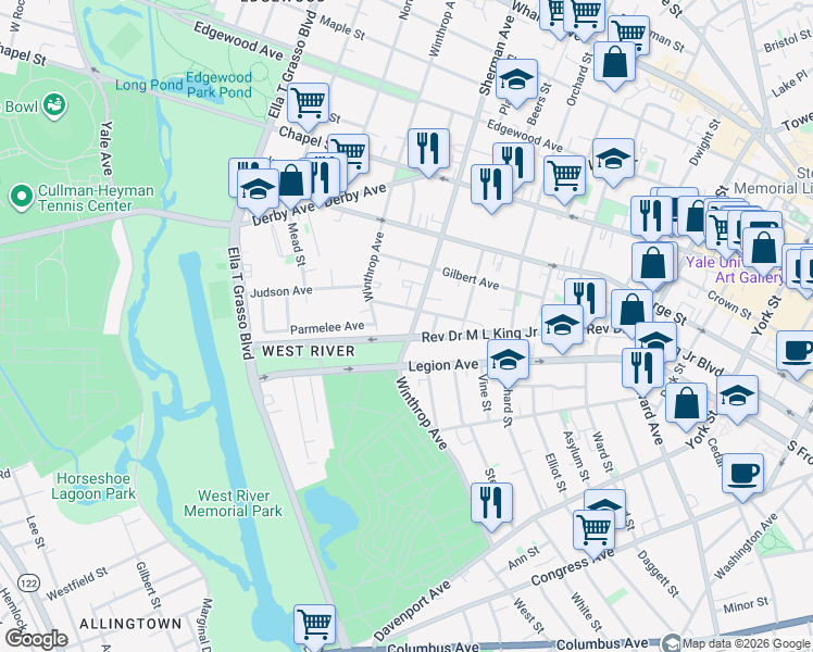 map of restaurants, bars, coffee shops, grocery stores, and more near 42 Sherman Avenue in New Haven