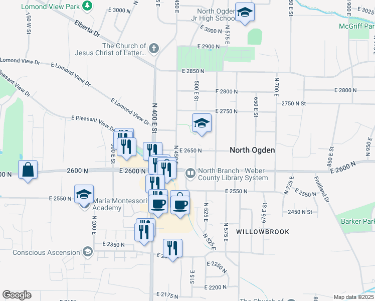 map of restaurants, bars, coffee shops, grocery stores, and more near 474 E 2650 N in North Ogden