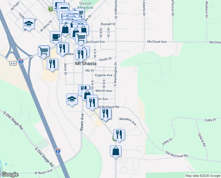 map of restaurants, bars, coffee shops, grocery stores, and more near 312 Merritt Avenue in Mount Shasta