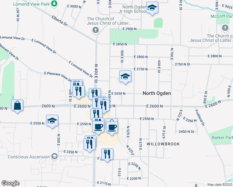map of restaurants, bars, coffee shops, grocery stores, and more near 474 East 2650 North in North Ogden