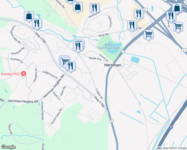 map of restaurants, bars, coffee shops, grocery stores, and more near 33 South Main Street in Harriman