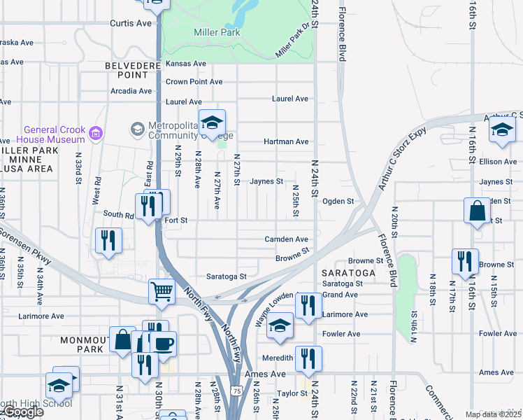map of restaurants, bars, coffee shops, grocery stores, and more near 5311 North 26th Street in Omaha