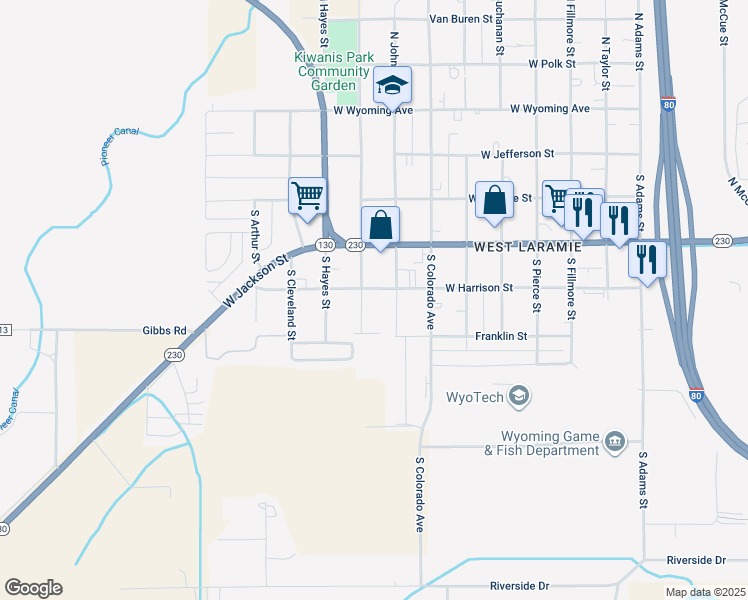 map of restaurants, bars, coffee shops, grocery stores, and more near 507 South Grant Street in Laramie