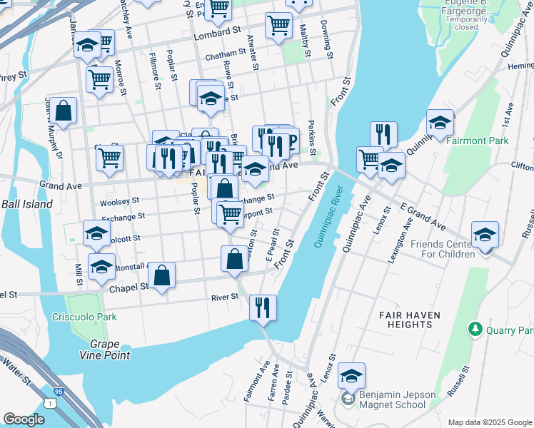 map of restaurants, bars, coffee shops, grocery stores, and more near 40 Pierpont Street in New Haven