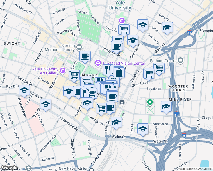 map of restaurants, bars, coffee shops, grocery stores, and more near 161 Church Street in New Haven