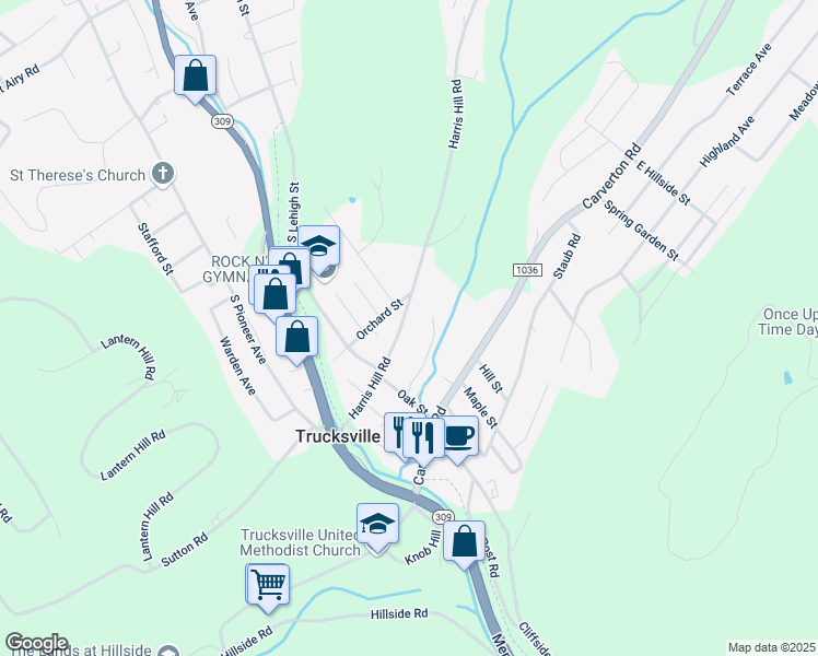 map of restaurants, bars, coffee shops, grocery stores, and more near 44 Harris Hill Road in Shavertown
