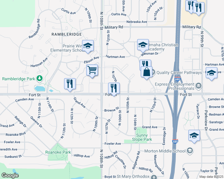 map of restaurants, bars, coffee shops, grocery stores, and more near 10710 Fort Street in Omaha
