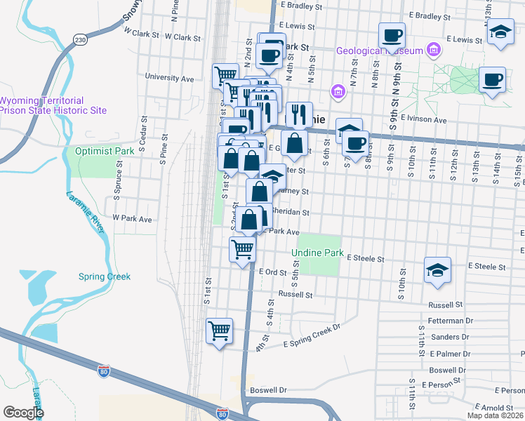 map of restaurants, bars, coffee shops, grocery stores, and more near 701 South 3rd Street in Laramie