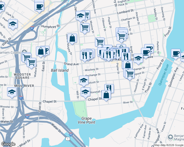 map of restaurants, bars, coffee shops, grocery stores, and more near 311 Exchange Street in New Haven