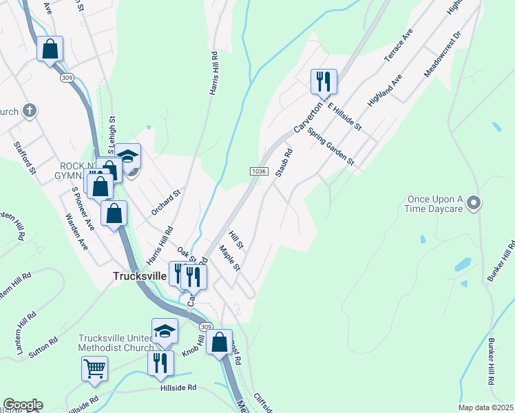 map of restaurants, bars, coffee shops, grocery stores, and more near 110 Staub Road in Shavertown