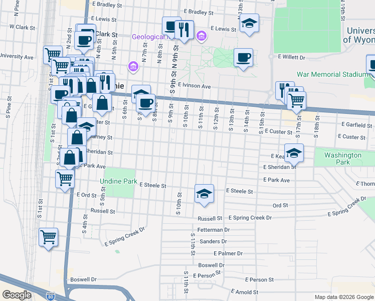 map of restaurants, bars, coffee shops, grocery stores, and more near 620 South 10th Street in Laramie