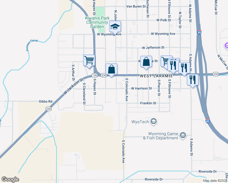map of restaurants, bars, coffee shops, grocery stores, and more near 507 South Grant Street in Laramie