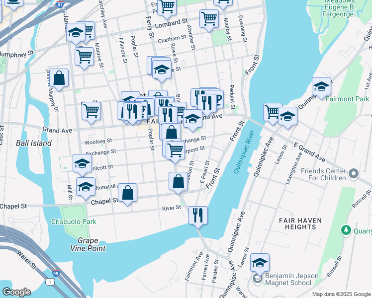 map of restaurants, bars, coffee shops, grocery stores, and more near 72 Pierpont Street in New Haven