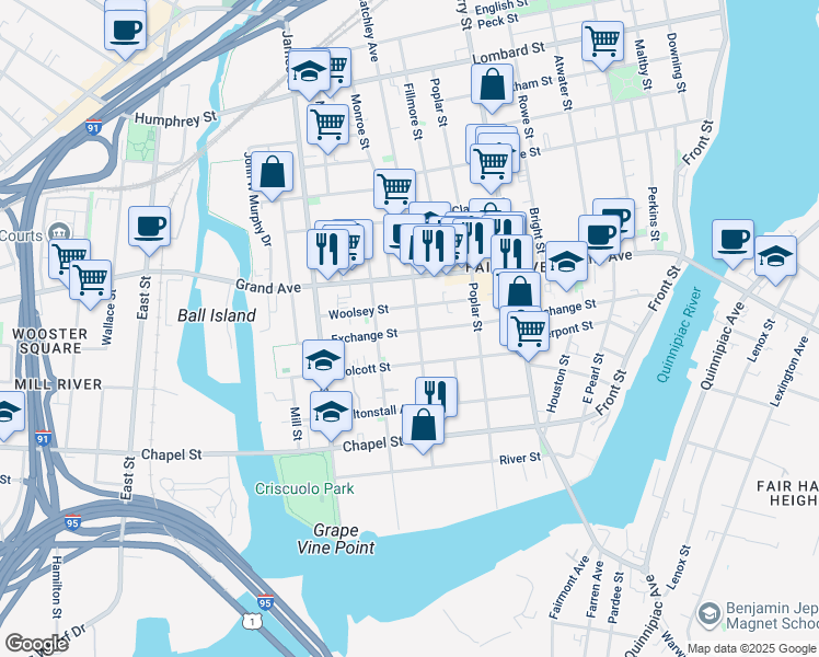 map of restaurants, bars, coffee shops, grocery stores, and more near 274 Exchange Street in New Haven
