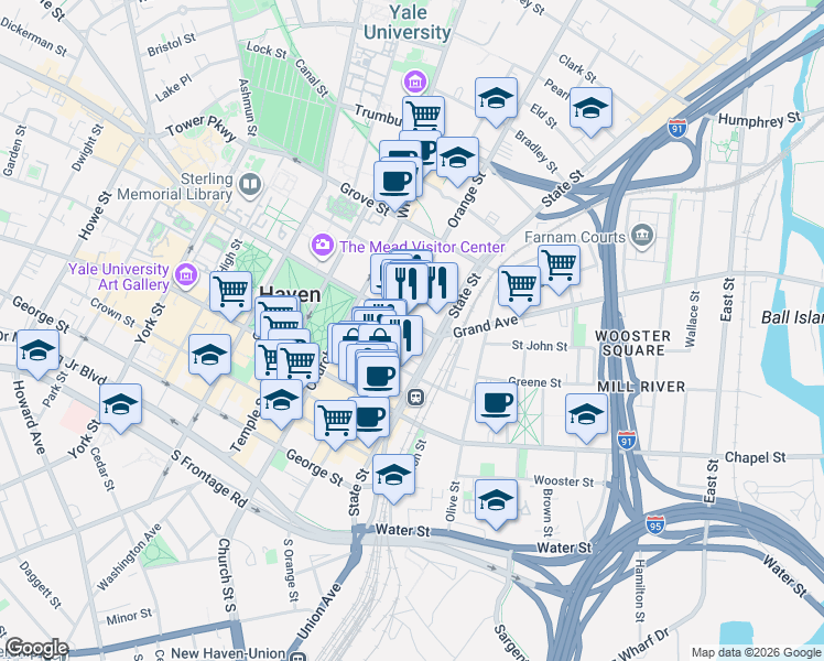 map of restaurants, bars, coffee shops, grocery stores, and more near 32 Elm Street in New Haven