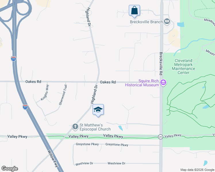 map of restaurants, bars, coffee shops, grocery stores, and more near 6762 Oakes Road in Brecksville