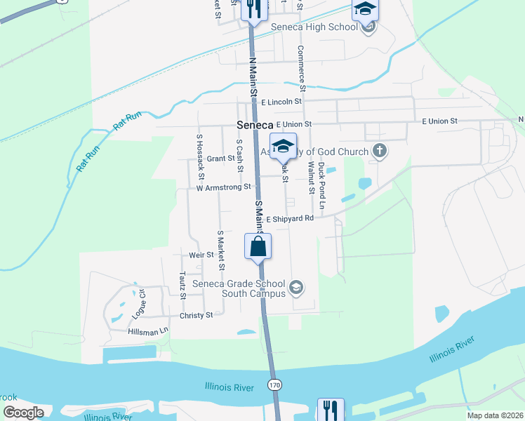 map of restaurants, bars, coffee shops, grocery stores, and more near 256 South Main Street in Seneca