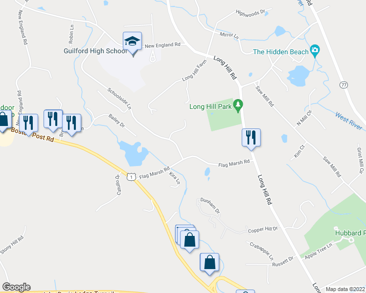 map of restaurants, bars, coffee shops, grocery stores, and more near 424 Schoolside Lane in Guilford