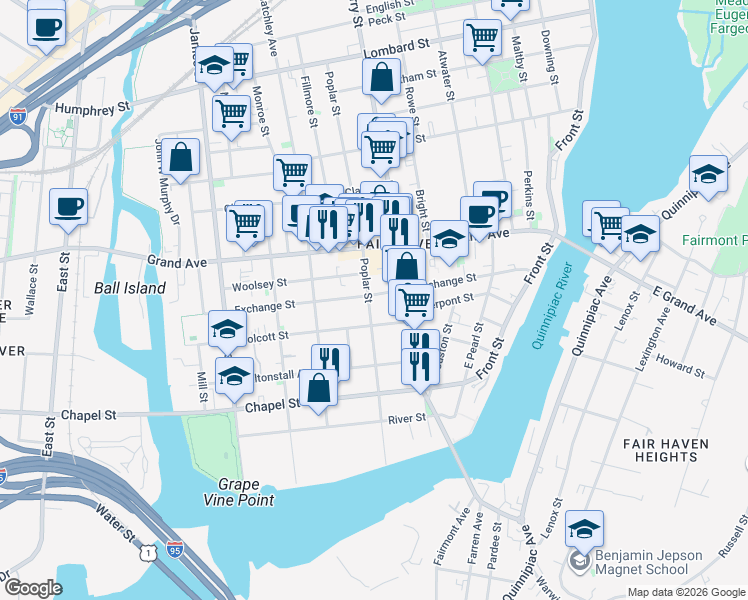 map of restaurants, bars, coffee shops, grocery stores, and more near 198 Exchange Street in New Haven