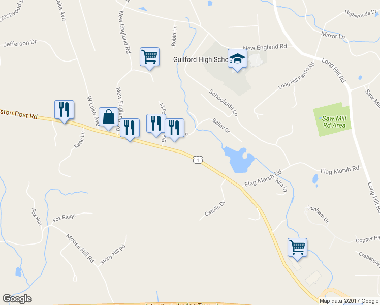 map of restaurants, bars, coffee shops, grocery stores, and more near 2249 Boston Post Rd in Guilford