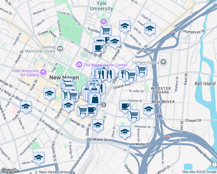 map of restaurants, bars, coffee shops, grocery stores, and more near 506 State Street in New Haven