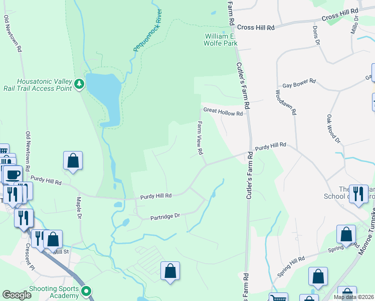 map of restaurants, bars, coffee shops, grocery stores, and more near 10 Pebble Road in Monroe