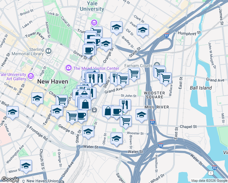 map of restaurants, bars, coffee shops, grocery stores, and more near 146 Olive Street in New Haven