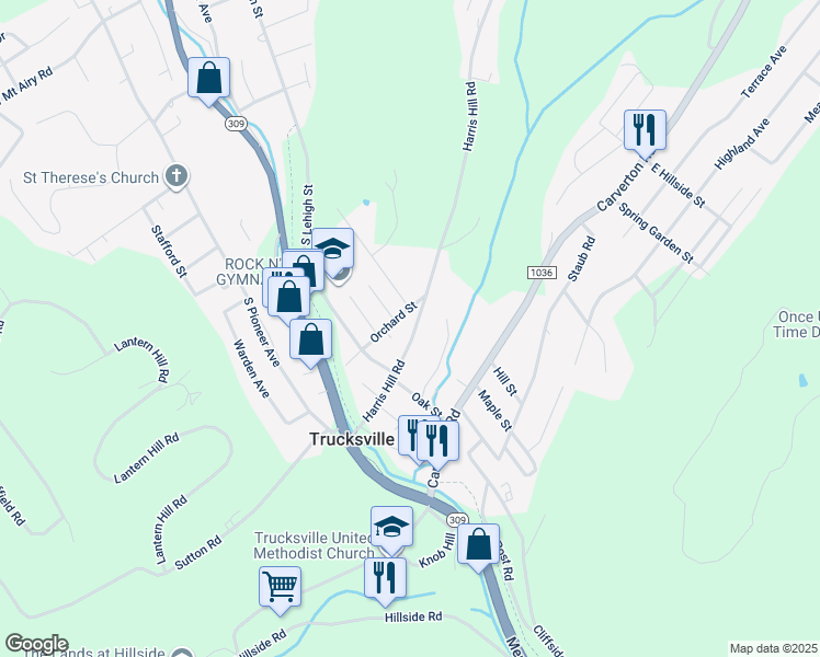 map of restaurants, bars, coffee shops, grocery stores, and more near 48 Harris Hill Road in Trucksville