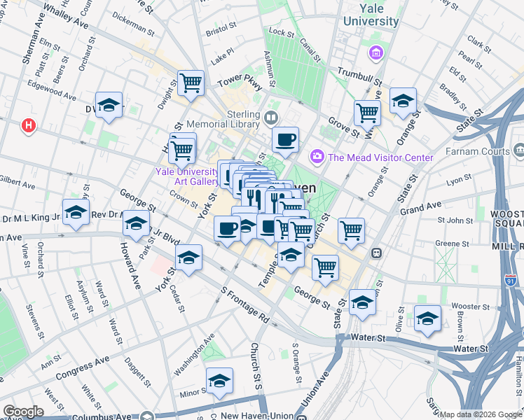 map of restaurants, bars, coffee shops, grocery stores, and more near 990 Chapel Street in New Haven
