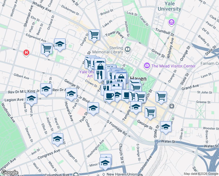 map of restaurants, bars, coffee shops, grocery stores, and more near 32 High Street in New Haven
