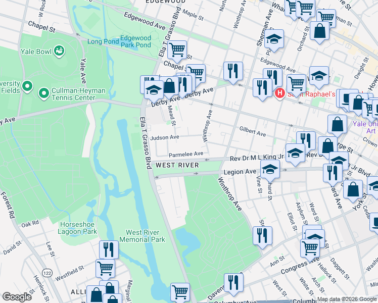 map of restaurants, bars, coffee shops, grocery stores, and more near 21 Parmelee Avenue in New Haven