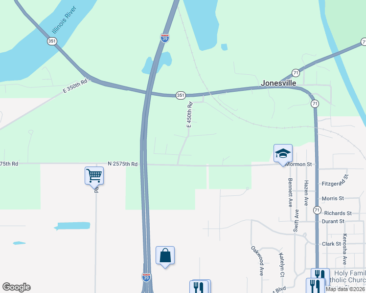 map of restaurants, bars, coffee shops, grocery stores, and more near 2585 East 450th Road in Oglesby