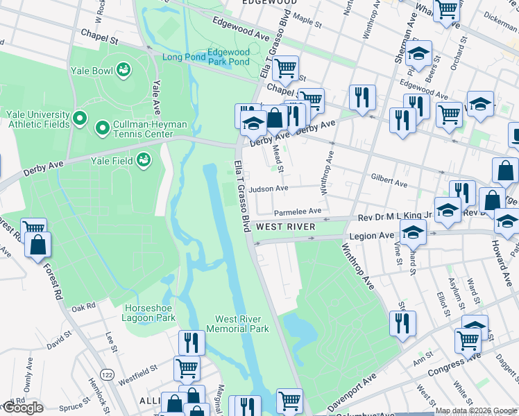 map of restaurants, bars, coffee shops, grocery stores, and more near in New Haven